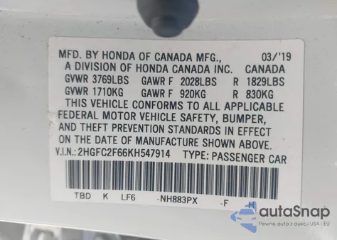 2019 Honda Civic Lx из США, поврежденный, VIN 2HGFC2F66KH547914